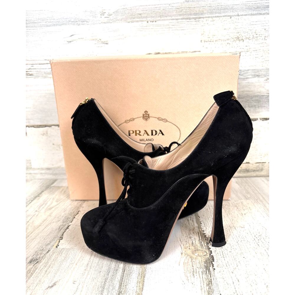Prada Womens 39.5 Black Suede Calzature Donna Camoscio Nero Ankle Boots Luxe